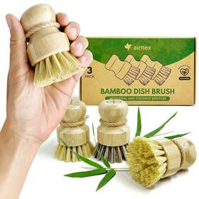 Airnex 897110700632 Bamboo Dish Brush Set Of 3 100% Plantbased Kitchen With Sisal