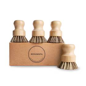 Pb004 Bonumvita Bamboo Dish Brush Set 4 Pack Kitchen Palm Pot With Union Fiber Yellow