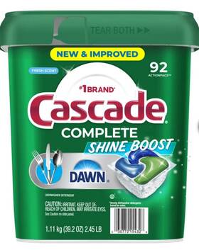 1848101 Cascade Complete Shine Boost Dishwasher Detergent Pods Fresh 92-count