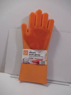 710565 Easy Home 1 Pair Silicone Dishwashing Orange Magic Gloves Scrubber Palm Kitchen Bathroom