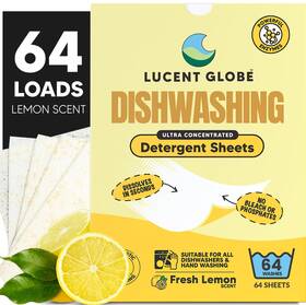 Us-501-fba Lucent Globe Dishwasher Detergent Sheets Plant-based Eco-friendly Lemon Scent 1 Pack 64
