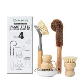 Vrupinze 770824665692 Natural Bamboo Dish Brush Bottle Scrub 4piece Set With Ceramic Soap Dispen