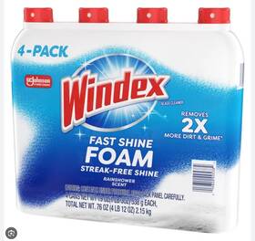 Windex 019800005382 Foam Glass Cleaner Fast Shine Streak-free Rainshower Scent 19 Oz 4-pack