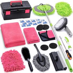 Yj001xc028fen Yjusmak 28pcs Car Cleaning Kit Pink - Wash Brush With Long Handle Washing Mop