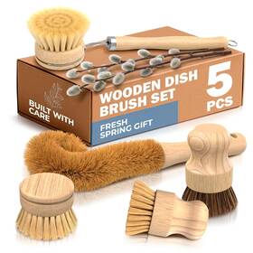 Zoklu 313047142191 5 Pcs Bamboo Dish Brush Set Scrubber With Soft And Stiff Non-scratch
