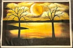 Hand-painted Oil Painting On Canvas Paper 27X39. "bare Branches, Golden Sky". Fixed Price $99.88.