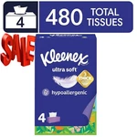 Kleenex Ultra Soft Facial Tissues, 4 Flat Boxes, 120 Per Box, 3-PLY. Fixed Price $10.79.
