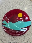 Red Fused Art Glass Small Great Colorway Mountains, Sun Trinket Dish Beauty. Fixed Price $19.95.