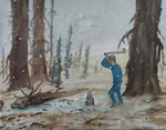 Oil Painting Man Chopping Wood Winter Snow Trees Forest Landscape Art A. Joli. Fixed Price $100.00.