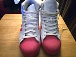Adidas Superstar High Top White W/pink Strip &turtle Shell Sz 11 Never Worn. Fixed Price $75.00.