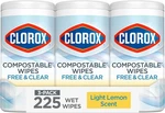 Clorox Compostable Cleaning Wet Wipes 3-PACK 225CT Free & Clear Lemon Scent Safe. Fixed Price $23.48.