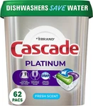 Cascade Platinum Dishwasher Pods, Detergent Actionpacs, Fresh, 62 Cou. Fixed Price $51.22.