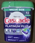 Cascade Platinum Plus Dishwasher Detergent Pacs, Mountain, 62 Count. Fixed Price $19.95.