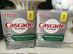 Cascade Platinum Dishwasher Cleaner 3-CT Per Two Boxes. Fixed Price $14.00.