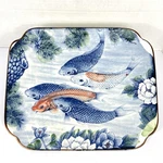 Vtg Sun Ceramics Service Platter Koi Fish Dish Japanese Blue Made 13X11. Fixed Price $32.88.