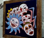 Sun Face Italian Art Tile - Mardi Gras Masks Dark Blue Boho Kitchen Trivet. Fixed Price $19.00.