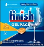 Finish Gelpacs Dishwasher Detergent, Orange Scent, 84 Count. Fixed Price $11.99.