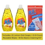 Brillo Basics Lemon Dish Soap (2-PACK) + Reusable Wipes 3-PIECE Cleaning Kit. Fixed Price $21.95.